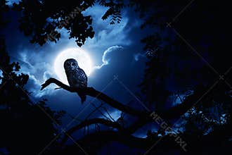 Owl Watches Intently Illuminated By Full Moon On H