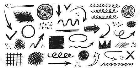 Arrow line hand drawn brush vector set. Grunge square, spiral, arrow element scribble line brush hand drawn sketch