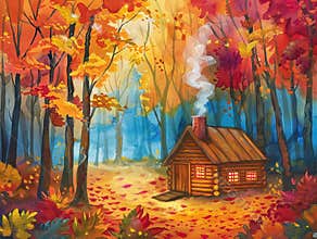 Cozy Log Cabin in Autumn Woods. Watercolor Painting of Fall Scenery