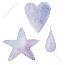 Watercolor illustration hand painted star, heart, drop of water tear in blue and violet colors isolated on white. Clip art design