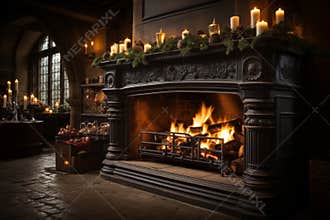 Nautical christmas ambiance yule log, festive decor, cozy lighting, grand fireplace