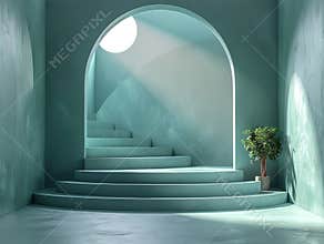 Green podium background platform product 3d studio presentation stage. Light abstract simple pedestal floor stand scene