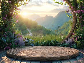 Empty wooden table with grain in rice field Podium background rice field product 3D platform nature scene display. Rice