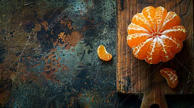 A beautifully laidout partially peeled mandarin orange displayed on a rustic wooden chopping board