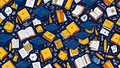 A seamless pattern featuring hand-drawn illustrations of graduation caps, books, pencils, and other educational items on