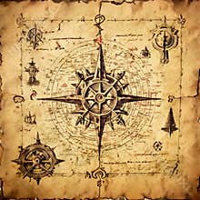 Vintage nautical compass on ancient map