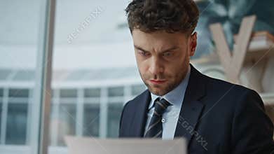Busy lawyer checking documents at office closeup. Businessman reviewing papers