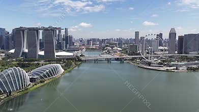 Aerial time lapse on Singapore skyline, Marina Bay, City overview.