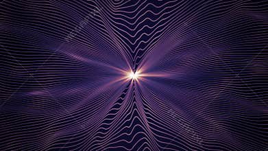 Looped abstract background with smooth wavy strings and bright shiny light in a center