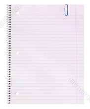 Blank. Notebook paper and paper clip isolated on white background. Back to school