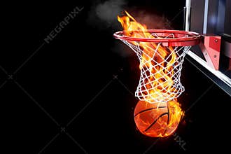Flaming basketball going through a court net.
