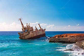 Abandoned Edro III Shipwreck at seashore of Peyia, near Paphos, Cyprus. Historic Edro III Shipwreck site on the shore of the water