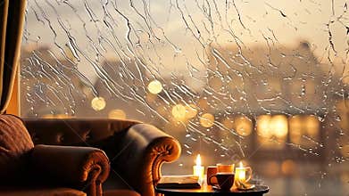 A cozy living room scene with a leather armchair, a cup of coffee, and two lit candles. The window shows a rainy city street at n