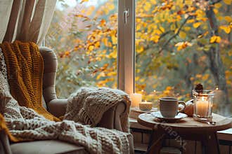 Cozy Autumn Reading Nook with Candles and Blankets by a Window with Fall Foliage