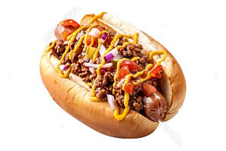 Classic Chili hot dog with ketchup and mustard on a soft bun a isolated on white transparent background