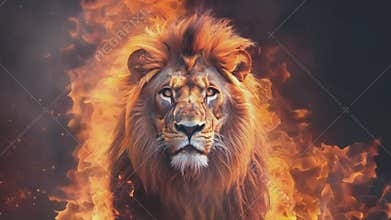 A courageous lion framed by flames on a black background.