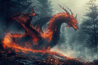 Fantasy dragon in the foggy forest.