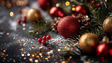 Festive Christmas Scene with Red and Gold Decorations and Pine Cones