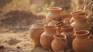 Handcrafted Clay Pots and Jars on Sandy Surface Beneath Golden Sunlight at Breathtaking Sunset, Showcasing Traditional