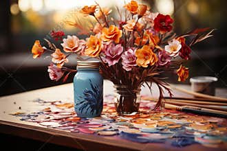 A bouquet of orange, red, yellow artificial flowers in a glass vase on an art messy table,