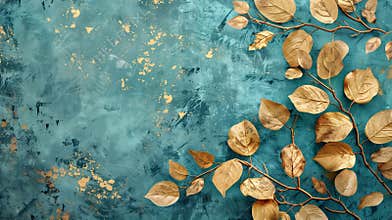 Grunge gold leaves tree branch on blue, teal textured background.