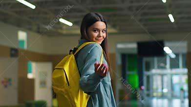 Back view Caucasian girl female woman student pupil education studying walking in school walk in university college