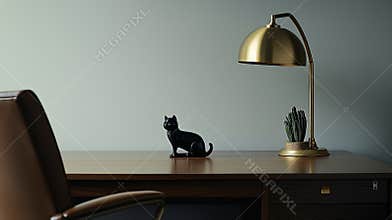 Black cat figurine is perched on a modern wooden desk, illuminated by a stylish gold lamp, creating a sophisticated and