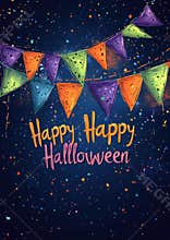 Colorful "Happy Halloween" Banner with Orange, Green, and Purple Bunting Flags on Deep Blue Background