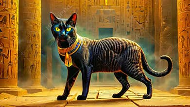 Golden Egyptian magical divine cat, cat in the temple of the Egyptian goddess Bastet