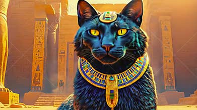Golden Egyptian magical divine cat, cat in the temple of the Egyptian goddess Bastet