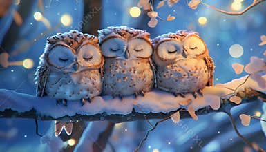 Illustration Of A Charming Night Card Featuring Adorable Sleeping Owls. The Design Is Cute And Perfect For Sending Sweet