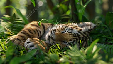 Baby Animals Sleeping In A Jungle Setting With A Grass Background And Illustrated Style. Illustration Features Adorable