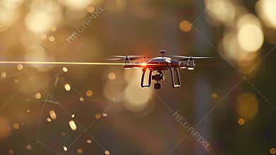 Drone flying and recording with red laser beam at sunset