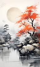 Japanese traditional sumi-e landscape painting depicts a rural landscape with a flowing river and a rural traditional building in