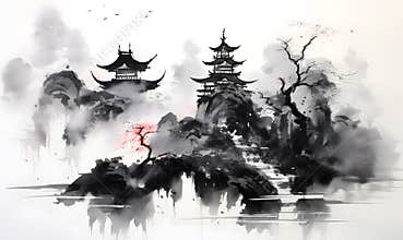 The autumn theme of Japanese painting includes Buddhist monasteries high in a mountain foggy landscape.