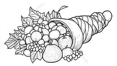 Simple line drawing of a cornucopia filled with basic fruits