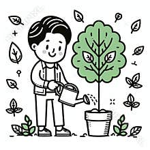 Cartoon Character Planting Tree with a Smile for Environmental Message