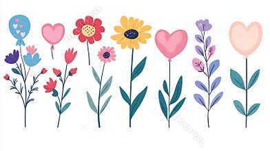 A set of cute flowers and plants in flat  style illustrations