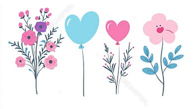 A set of cute flowers and plants in flat  style with a white background