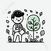 Cartoon Character Planting Tree with a Smile for Environmental Message