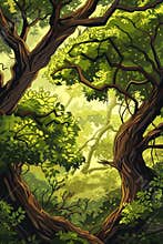Enchanting Forest Scene with Sunlight Filtering Through Dense Green Foliage