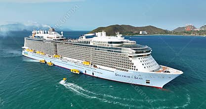 Aerial view of Luxury cruise ship the largest in Asia sailing, has arrived in Nha Trang Bay