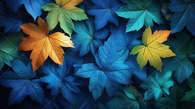 modern seasonal graphics, eye-catching autumn banner design featuring vibrant fall leaves in neon blue and green
