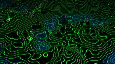 Looped animation of digital landscape hologram with bright green lines and soft blue glow effect on a black background