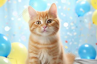 Cute adorable birthday cat with balloons sitting on festive blue background.