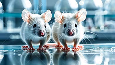 Two white laboratory mice standing on glass table