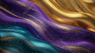 Sparkling gold, purple, and blue waves create a luxurious and elegant background perfect for festive celebrations and