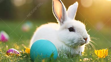 White bunny rests in green grass with colorful eggs, lit by golden hour sunlight, capturing the joy of easter