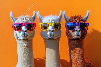 Three llamas wearing sunglasses and glasses