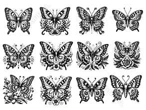 Intricate black and white butterfly tattoo designs with floral elements. Raster, generative ai.